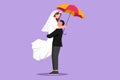 Graphic flat design drawing couple in love under rain with umbrella. Happy man and woman at park and jumping with wedding dress. Royalty Free Stock Photo