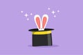 Cute bunny ears appear on the magician black hat. Animal magic show. Circus show. Cartoon vector illustration Royalty Free Stock Photo
