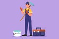 Graphic flat design drawing cute handywoman standing holding long roll paintbrush with okay gesture and toolbox. Ready to home