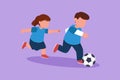 Graphic flat design drawing cute little boy and girl playing football together. Two happy kid playing sport at playground. Royalty Free Stock Photo