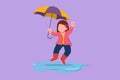 Graphic flat design drawing cute little girl play wear raincoat and umbrella. Child playing in rain. Kid in raincoat and rubber Royalty Free Stock Photo