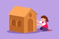 Graphic flat design drawing of cute little girl playing in house made of cardboard boxes. Creative children sitting in playhouse. Royalty Free Stock Photo