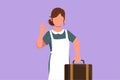 Graphic flat design drawing cute maid in hotel holding suitcase with okay gesture. Work deftly to clean and prepare sheet bed in