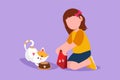 Graphic flat design drawing cute smiling little girl kneeling and feeding her kitten with cat food. Pretty kid caring for animal. Royalty Free Stock Photo