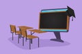 Graphic flat design drawing empty study chairs and desks facing giant computer monitor screen in which there is blackboard and