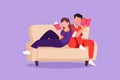 Graphic flat design drawing evening rest of romantic couple scene with man and woman on sofa. Relaxing handsome male and beautiful