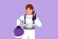 Graphic flat design drawing female astronaut holding helmet with thumbs up gesture wearing spacesuit ready to explore outer space