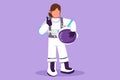 Graphic flat design drawing female astronaut stands with thumbs up gesture wearing spacesuit exploring earth, moon, other planets Royalty Free Stock Photo