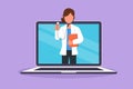 Graphic flat design drawing female doctor comes out of laptop computer screen holding stethoscope. Online medical services. Royalty Free Stock Photo