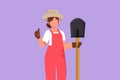 Graphic flat design drawing of female farmer holding shovel with thumbs up gesture and wearing straw hat working on farm at