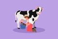 Graphic flat design drawing female farmer milking a cow in the bucket. Breeding cows. Ranch or farm. Livestock or cattle. Royalty Free Stock Photo