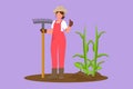 Graphic flat design drawing female farmer standing with thumbs up gesture, wearing straw hat and carrying rake to plant crops on