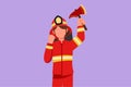 Graphic flat design drawing female firefighter in complete uniform holding glass breaking axe with celebrate gesture prepare to Royalty Free Stock Photo