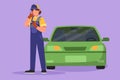 Graphic flat design drawing female mechanic stands in front of car with call me gesture and holding wrench to perform maintenance