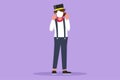 Graphic flat design drawing female mime artist standing with celebrate gesture, white make up face makes audience laugh with