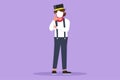 Graphic flat design drawing female mime artist stands with call me gesture and white make up face makes audience laugh with silent