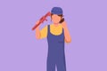 Graphic flat design drawing female plumber holds wrench and wearing helmet with celebrate gesture, ready to work on repairing