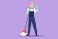 Graphic flat design drawing floor care and cleaning services with washing mop in sterile factory or clean hospital. Cleaning man Royalty Free Stock Photo