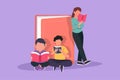 Graphic flat design drawing friendly family reads books together. Woman standing and lean on big book. Children are sitting on Royalty Free Stock Photo