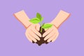 Graphic flat design drawing front view of farmer hands growing young tree, save world, heal world, love nature. Ecology sapling