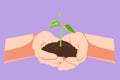 Graphic flat design drawing front view of hands holding plant in soil isolated on blue background. Environment earth day in the Royalty Free Stock Photo