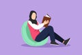 Graphic flat design drawing girl on sofa in room reading book, having rest. Arab woman reads book on couch at cozy home. Girl