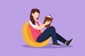 Graphic flat design drawing girl on sofa in room reading book, having rest. Young woman reads book on couch at cozy home. Girl