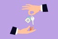 Graphic flat design drawing hand giving house keys to customer. Businessman in suit giving house key logo, icon, symbol. Mortgage