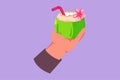 Graphic flat design drawing hand holding green coconuts with drinking straw and flower. Relieves thirst and dehydration in hot