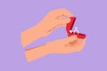 Graphic flat design drawing hand holding red velvet box for ring. Groom gift for bride on special day. Marriage ceremony