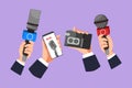 Graphic flat design drawing of hand with microphone icon, logo. Journalism concept. Set of hands holding microphones. Press hands