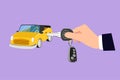 Graphic flat design drawing of hand turning the key in the hole on car door. Young businessman uses key to open the new vehicle. Royalty Free Stock Photo