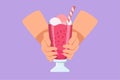 Graphic flat design drawing hands of human hold glass of tasty milkshake drink with whipped cream. Sweet beverage with a straw and