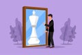 Graphic flat design drawing handsome businessman standing in front of mirror, reflecting chess king. Metaphor of confidence.