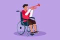 Graphic flat design drawing handsome male in wheelchair playing trumpet during music lesson. Person in hospital perform musical