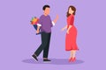 Graphic flat design drawing of handsome man gives flowers to pretty woman. Young male giving to female bouquet of flowers for