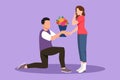 Graphic flat design drawing handsome man on knee making marriage proposal to woman with bouquet. Boy in love giving flowers. Happy