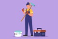 Graphic flat design drawing handyman standing holding long roll paintbrush with thumbs up gesture and toolbox. Ready to home