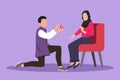 Graphic flat design drawing happy Arab man proposes to woman sitting on chair and gives ring. Couple getting ready for wedding.