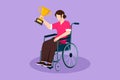 Graphic flat design drawing happy beautiful woman in wheelchair holding golden cup trophy winner podium. Sport game competition,