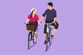 Graphic flat design drawing happy couple cycling outdoors in summer. Romantic cycling couple holding hands. Togetherness of