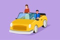 Graphic flat design drawing of happy couple riding car going on road trip. Romantic man and woman driving in cabriolet car travel Royalty Free Stock Photo