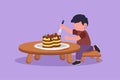 Graphic flat design drawing of happy cute little boy eating creamy birthday cake at table. Adorable kid enjoy sweet dessert snack