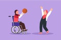 Graphic flat design drawing happy disabled people playing basketball. Little Arab girl in wheelchair playing ball with female