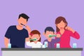 Graphic flat design drawing of happy family brushing their teeth together before bedtime. Routine habits for cleanliness and