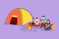 Graphic flat design drawing happy family at summer camping spending time together. Dad reading books near campfire. Mom, son,