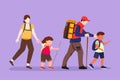 Graphic flat design drawing happy family traveling together in mountains. Father, mother and children hiking, trekking, holiday Royalty Free Stock Photo
