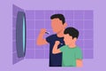 Graphic flat design drawing happy father and son holding toothbrushes and brush their teeth while looking at mirror in bathroom.