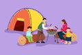 Graphic flat design drawing happy four family members are having barbecue in the mountain. Father, mother and children hiking,