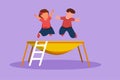 Graphic flat design drawing of happy girl and boy jumping together on trampoline. Cute little kids jumping on round trampoline. Royalty Free Stock Photo